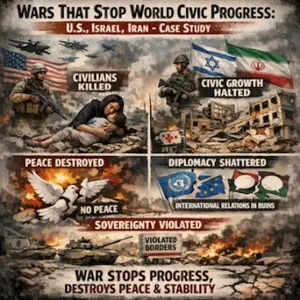 Wars that Stop World Civic Progress: U.S., Israel, Iran - Case Study: Wars kill civilians, halt civic growth, destroy peace, int. relations, violate sovereignty.