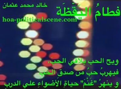hoa-politicalscene.com/arabic-hoa.html - Arabic HOA: Snippet of poetry from "Weaning of Vigilance" by poet and journalist Khalid Mohammed Osman on colored night neons.