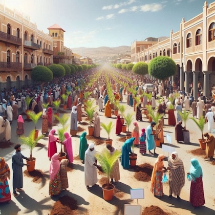 Archive of Truth in Exile Crafts a Social Architecture: Illustrating Eritrean people with palm trees to plant for their martyrs in the Eritrean Martyrs Day. During the architecture planning for the Martyr's Tree I created, I had the vision of how such national and environmental activity can be adapted anywhere else to create a social movement and develop world societies from within their national values, through a dynamic shift to the NGOs motto, which says "Think Globally, Act Locally". I shipped that motto by my motto "Think Locally, Act Globally". It is all about the right vision.