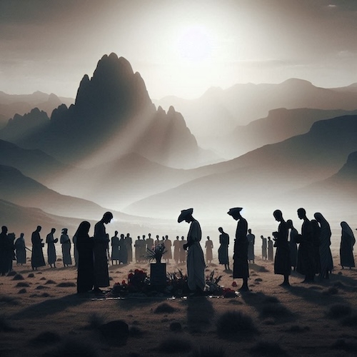 Archive of Truth in Exile Creates a Social Infrastructure: Illustrating Eritrean people in their traditional clothing paying tribute to their fallen heroes, the martyrs somewhere in Keren, during their searching, and gathering their bones to bury them in honour.