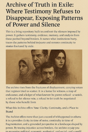 Archive of Truth in Exile: Rendering global resistance into symbolic form… It visually anchors the archive within global dynamics: a world globe surrounded by rising figures who refuse silence, injustice, and erasure. It shapes the resistance to crises across borders, that shapes today's reality. Resistance has language, mechanisms & rhythm. To acquire all of these and win the resistance race connect with the archive's creator.