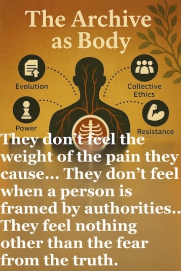 Exile Archive Action Guide Builds the Grassroots of Social Movement!: First issue - INJUSTICE: Illustrating the Archive of Truth in Exile as a body, with the painful words: They don't feel the weight of the pain they cause... They don't feel when a person is framed by authorities... They don't feel nothing other than the fear from the TRUTH.