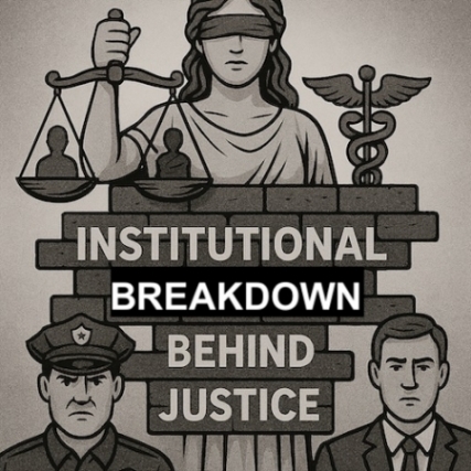 Exile Archive Action Guide Builds the Grassroots of Social Movement!: Illustrating injustice weaponized against an innocent for his critique to the authorities, when his complains to the police rejected. The image illustrates a blind justice, a lying policeman and a victim, with a text saying "Institutional breakdown behind justice". This happens in Denmark with total misunderstanding to a case that was never a case against the victim of injustice, but absolutely a case against those who use the system to protect a lying policeman.