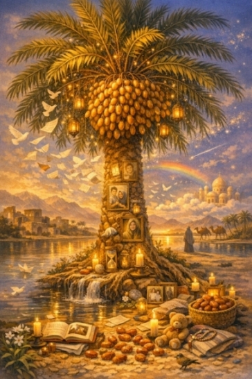 Exile Archive's Living Map - Tree of Creation for Meaning Changes Life: The Date Palm of Memory and Glory. In a golden oasis at sunset, a solitary date palm rises like a sentinel of memory. Its crown is heavy with ripe dates... clusters of sweetness suspended between heaven and earth. From its branches hang glowing lanterns, and nestled within its textured trunk are framed memories: a smiling family, a child with a dove, a woman's portrait wrapped in quiet dignity.