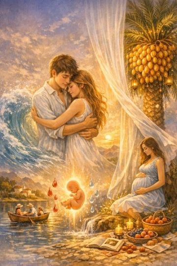 Exile Archive's Living Map - Tree of Creation for Meaning Changes Life: Shaping a tender riverside vision of love - Image Description: Between the Wave and the Cloak: A young couple stands embraced at the center of the image—two souls suspended in love. The boy's heart is a wave, rising within him; the girl's presence is a cloak, wrapping around the moment. Their embrace is not just physical, it is metaphysical, a gesture of creation and remembrance. To their side, a palm tree heavy with golden dates leans gently toward them. Beneath its shade, a pregnant woman sits in quiet reflection, cradling the beginning of life.