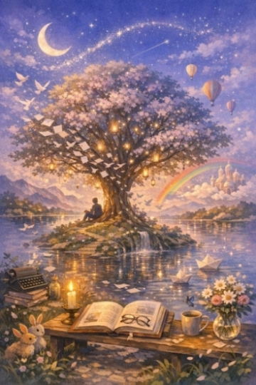 Exile Archive's Living Map - Tree of Creation for Meaning Changes Life: A solitary tree rises from a small island at twilight, its branches carrying lanterns that glow like captured constellations. Pages drift from the tree and transform into birds mid‑air, as if memory itself were taking flight. At the water's edge, an open book rests on a wooden bench, illuminated by a single candle whose flame bends gently toward the tree, as though listening.