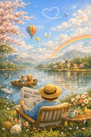 Exile Archive's Living Map - Tree of Creation for Meaning Changes Life: A reader sits quietly on a grassy hill beside a shimmering lake, holding a newspaper with headlines like "POLITICAL TURMOIL" and "CRISIS." Yet the scene around them is a sanctuary: cherry blossoms drift from a nearby tree, rabbits and butterflies gather in the grass, and a cat and dog float peacefully in a rowboat across the water. Hot air balloons rise in the sky, a rainbow arcs over distant mountains, and a dove glides past an airplane's heart-shaped contrail. A steaming mug and a vase of daisies rest beside the reader, who is wrapped in sunlight and stillness. This image offers emotional counterbalance... a visual breath amid the gravity of political testimony. It affirms that witness can coexist with beauty, and that even in exile, there is space for gentleness, reflection, and quiet joy.