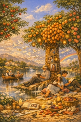 Exile Archive's Living Map - Tree of Creation for Meaning Changes Life: Healing by the River of Pages - In the golden hush of late afternoon, a gentle river winds through a grove of fruit-laden trees... apples, oranges, peaches each offering shade and sweetness. Beneath their branches, readers gather: a woman in white with a basket of apples, an elder reclining under an orange tree with a book and a straw hat, and a young couple nestled beneath a peach tree, reading side by side. Wooden boats drift across the calm waters, carrying quiet joy: an older couple sharing the rhythm of oars, children in straw hats watching the sky.