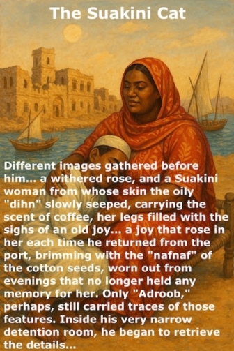 Exile Archive's Living Map - Tree of Creation for Meaning Changes Life: Another excerpt from the Suakini Cat by short story writer Khalid Mohammed Osman on an image illustrating passion, tender and the quite resilience of two figures beside some building on the Red Sea coast in Suakin.