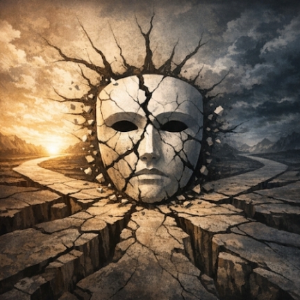 Exile Archive on Illusion of Neutrality in a World Built by Power: Shaping a visual metaphor of rupture... A fractured mask lies at the center of a split landscape - its expression blank, its surface cracked, its silence broken. The mask represents the illusion of neutrality: smooth on the outside, but shattered from within. From the mask, deep fissures radiate outward, splitting the ground beneath it... a rupture that cannot be ignored. Two diverging paths emerge from the broken earth. One leads toward a horizon of golden light: possibility, recognition, civic clarity. The other disappears into a storm-dark sky: denial, distortion, systemic violence. The viewer stands at the intersection, no longer neutral, no longer distant. This is the moment the Exile Archive delivers: when the rupture becomes yours.