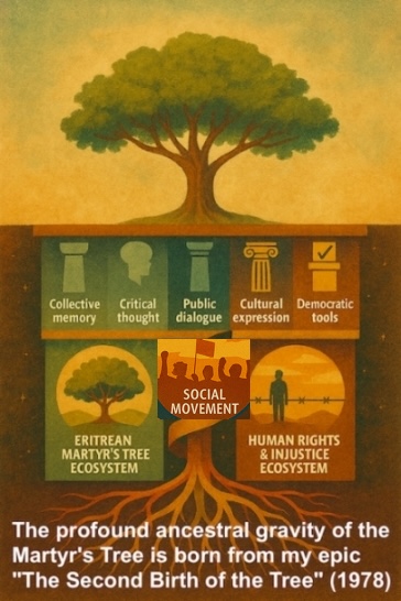 Exile Archive Voices Become Frontlines - Art & Literature for Justice: Illustrating the origin of ecosystems, the Eritrean Martyr’s Tree stands as the foundation for the pillars I have envisioned. It emerged from a deliberate creative process, conceiving the idea of the tree, giving it a name, and shaping the full plan that ultimately brought it to life. This journey became the source from which each pillar draws its purpose and meaning.