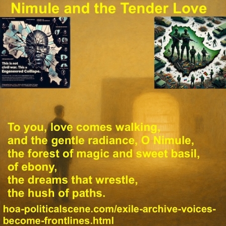 Exile Archive Voices Become Frontlines - Art & Literature for Justice: Illustrating my poetry "Nimule and the Tender Love", a poetry written by poet Khalid Osman. A poet imagining himself a child crawling toward his mother "Nimule" to pick him up. Symbolism goes deeper, where "Nimule" is a town  on the far borders of South Sudan with Uganda on Bahr-al-Jabal... as that river carries water, it also carries the deepest African relation through to the White Nile and this nile carries it further to North Sudan to collide with the Blue Nile. Wasn't that sound enough for the entire Sudan to realise it's Africanism, instead of being comprised by some Arabs to carry on with Islamic military dictators who are still contributing to the fracture of Sudan, since 1956?