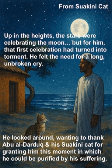 Exile Archive Voices Become Frontlines - Art & Literature for Justice: Illustrating the short story "The Suakini Cat", written by poet and short story writer Khalid Mohammed Osman. The short story has two figures tortured and exiled by the security of the religious military regime of Omar al-Bashir. The cat is one of the famous cates in both Port Sudan and Suakin. It symbolises longing to his owner who returned from his prison where he had been tortured and alienated.