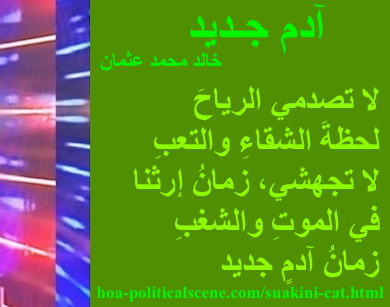 hoa-politicalscene.com - HOAs Image Scripture: Couplet of poetry from "New Adam", by poet & journalist Khalid Mohammed Osman designed on 3-division pic rotated right with fern rectangle.