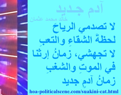 hoa-politicalscene.com - HOAs Image Scripture: Couplet of poetry from "New Adam", by poet & journalist Khalid Mohammed Osman designed on 3-division pic rotated right with ice rectangle.