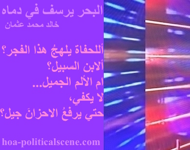 hoa-politicalscene.com - HOAs Photo Scripture: Poetry snippet from "The Sea Fetters in Its Blood", by poet and journalist Khalid Mohammed Osman on 3-division design rotated left with grape rectangle.