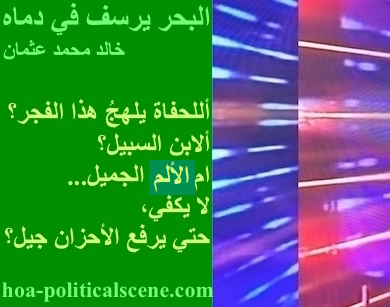 hoa-politicalscene.com - HOAs Photo Scripture: Poetry snippet from "The Sea Fetters in Its Blood", by poet & journalist Khalid Mohammed Osman on 3-division design rotated left with moss rectangle.