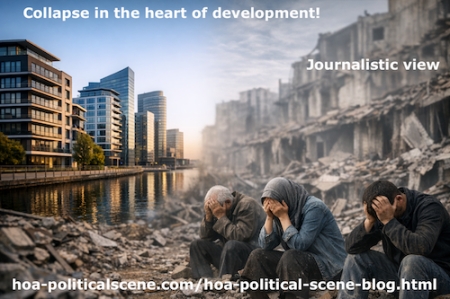 The Architecture of Erosion: How Institutional Drift Undermines Justice in Denmark?: The image portrays a stark contrast between two worlds divided by a blurred boundary. On a side, modern buildings rise in clean lines & glass façades, symbolizing stability, privilege & institutional order. On the other, the architecture dissolves into ruin: fractured walls, collapsed structures & dust‑filled air. Beneath the broken concrete, a few people sit with their heads in their hands, embodying despair & exhaustion. The composition captures the widening gap between prosperity & deterioration, between systems that appear intact & lives quietly collapsing beneath them. It visualizes the civic silence that allows suffering to unfold beside comfort, unseen yet inseparable.