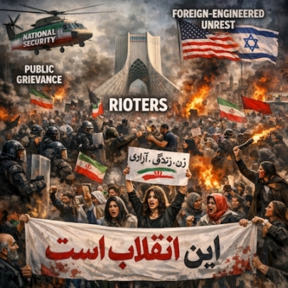 How War Narratives Form Before the First Shot: U.S., Israel, and Iran: The image captures the competing narratives that have defined Iran's protest movement: the grassroots struggle for dignity and freedom, the regime's portrayal of demonstrators as foreign‑backed agitators, and the broader geopolitical framing that casts every act of dissent as part of an Iranian‑American‑Israeli confrontation. Together, these overlapping storylines - especially the narrative of an impending regional war - diluted the focus on the protesters' demands, weakened a movement that had shown unprecedented strength, and ultimately helped preserve the authoritarian regime at a moment when it was most vulnerable.