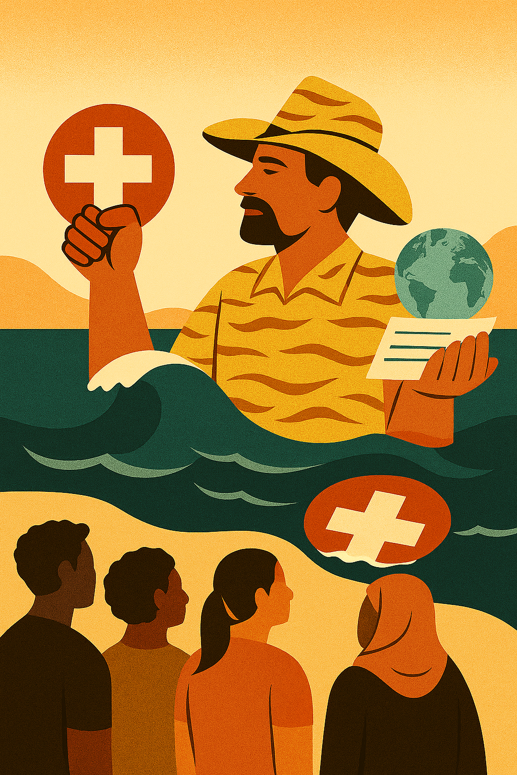 Human Rights Activism Contact: Illustrating layered testimony, voice, and global reach into one visual. It shows a person in a tiger-striped yellow cowboy hat rising from the waves of Lake Geneva, holding the red Swiss emblem with a white cross, in his hand. On the shore, diverse people look on with hope.