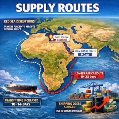 War Economy Dynamics: Structures Before, During and After Conflict: Illustrating SUPPLY ROUTES 
• Red Sea disruptions forced tankers to reroute around Africa.
• Transit times increased by 10–14 days.
• Shipping costs rose significantly due to longer distances.
