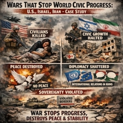 Wars that Stop World Civic Progress: U.S., Israel, Iran - Case Study: An image illustrating how wars kill civilians, cause psychological affects, damage national integrity, violate human rights, halt civic growth, destroy peace and international relations and violate sovereignty.