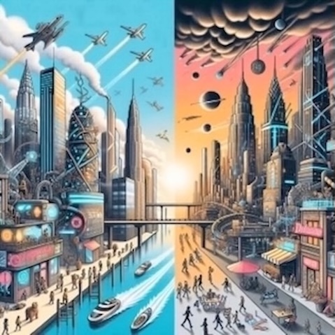 An image illustrating real world bathed in deep blue, and a utopian one glowing in orange-red. Skyscrapers rise, people walk along the canal, businesses with uncertainty. Yet, doubt lingers.
