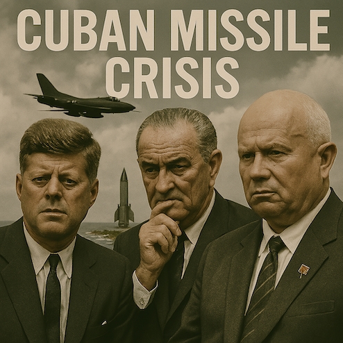 The Cold War Era: A Battle of Ideologies and Influence: Cold War symbolic representations - Cuban Missile Crisis, John Kennedy, his vice Lyndon Johnson & Nikita Khrushchev.