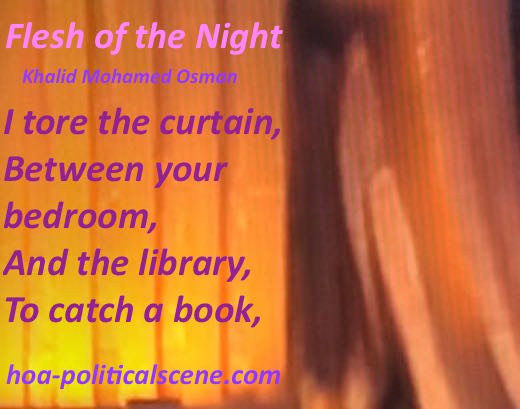 hoa-politicalscene.com/english-hoas-poetry.html - HOAs Poetry Posters: Snippet of poem from "Flesh of the Night" by poet & journalist Khalid Mohammed Osman on a theatre curtain looking like wood.