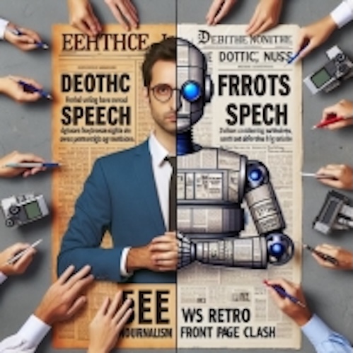 An image illustrating a broken character. One entire side of the figure is broken and blind, the eye clouded, the posture weakened, the features cracked or eroded. This half embodies the moral blindness and internal decay that come from chasing wealth at the cost of integrity. The other side remains whole, steady, and clear‑eyed, representing the journalist's commitment to truth, independence, and ethical responsibility. The vertical split becomes a symbolic fault line running straight through the character’s identity. It marks the fragile space where personal weakness collides with the tension between principled journalism and the seductive promise of financial gain. The figure stands as a living contradiction: half‑intact, half‑compromised... caught between what he knows is right and what he is tempted to become.