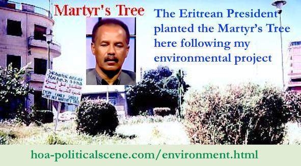 Le président érythréen Isaias Afwerki a officiellement planté l’arbre du martyr érythréen en présence de missions diplomatiques suite à mon projet environnemental. J’ai planifié le projet et mis en œuvre des méthodes de rassemblement de masse le jour du Memorial Day avec des bannières portant les emblèmes de l’arbre du martyr, en utilisant ma profession dans la presse officielle érythréenne, mon amitié avec les dirigeants du système érythréen et certaines organisations.