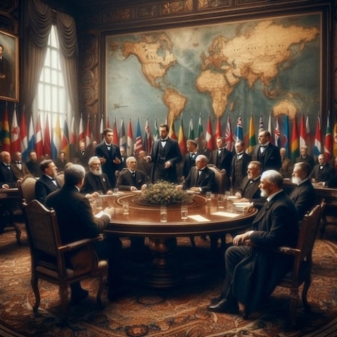 A HOA Political Scene's image illustrating a global geopolitical dialogue fitting international conventional narratives that go wrong deeply in mutual global relations... contradictions between table negotiations and factual steps that are still affecting vulnerable states, or imposing intervention in sovereign countries, or supporting cross borders conflicting parties for domestic interests.