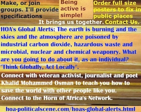 hoa-politicalscene.com/hoas-global-alerts.html - HOA's Global Alerts: Earth burning, sky, atmosphere poisoned by carbon dioxide, hazardous waste and microbial weaponry.