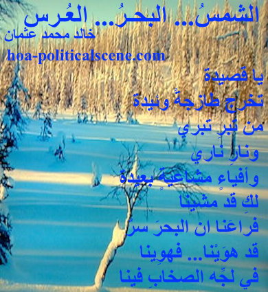 hoa-politicalscene.com - HOAs Literary Works: Couplet of poetry from "The Sun, the Sea, the Wedding", by poet and journalist Khalid Mohammed Osman on sea shore with grass and trees.