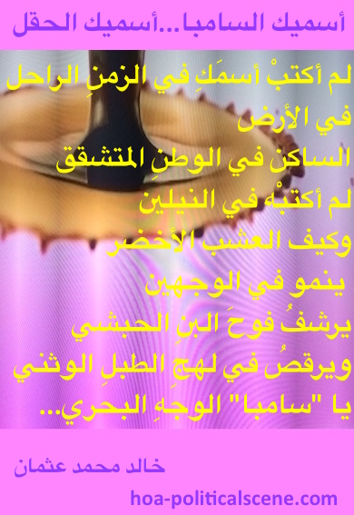 hoa-politicalscene.com - HOAs Poesy: from "I Call You Samba, I Call You a Field", by poet & journalist Khalid Mohammed Osman designed on a beautiful poster to print and decorate your place.