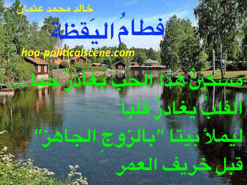 hoa-politicalscene.com/hoas-poetry-posters.html - HOAs Poetry Posters: "Weaning of Vigilance" by poet & journalist Khalid Mohamed Osman on beautiful homes in the nature in Dalarna, Sweden.