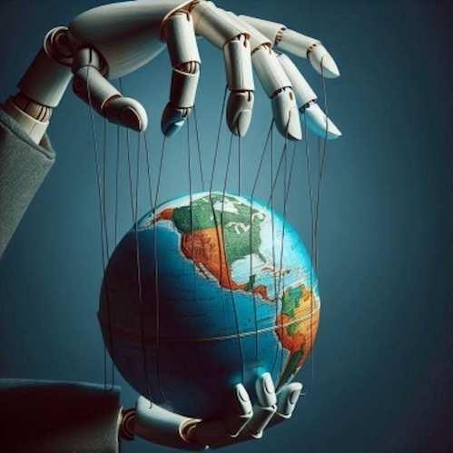 The Illusions of Institutional Narratives: A Puppet's Hand Controlling and Driving the World Around, Representing the Dominant of Institutional Narratives Over Rational Thinking!