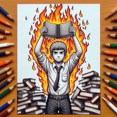 The Illusions of Institutional Narratives: A Student Holding a Burning Textbook Represents education as a tool of control or liberation. “Absorb for the exam... forget for the truth.”