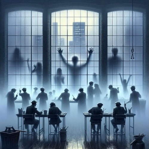 The Illusions of Institutional Narratives: Silhouettes Behind Fogged Glass Representing Hidden Truths Among Deceived People. Hidden Truths Enslave People. “What they don’t teach you is more revealing than what they do.”