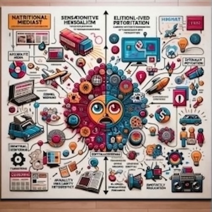 Media-Driven Fear Narratives - How Information Shapes Public Perception?: A young girl's face emerges, painted in striking yet chaotic hues, her expression heavy with confusion and sorrow, drowning beneath an onslaught of targeted news. In the background, relentless gears turn, symbolizing the unceasing machinery of information.