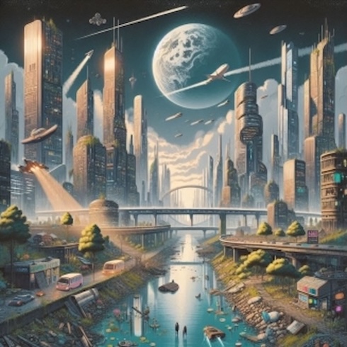 Prevailing Discourses Challenge Social Narratives: An illustration depicting societal trends that challenge personal perceptions amid real-time hardships such as economic struggles, injustice, and instability driving individuals to envision migration to a utopian world.