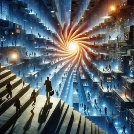 Prevailing Discourses Challenge Social Narratives: An illustration depicting utopian and dystopian worlds existing side by side, where individuals find themselves in a state of transition—uncertain and unable to choose which world to migrate to.