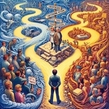 Prevailing Discourses Challenge Social Narratives: Illustration depicting the struggle for clarity - people trapped between distorted narratives and reality.