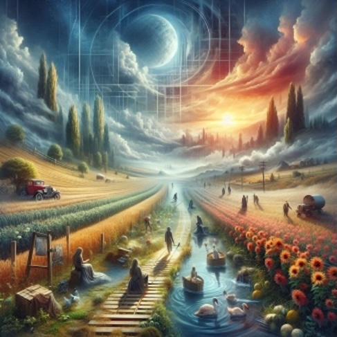 Prevailing Discourses Challenge Social Narratives: An illustration depicting pathways to a utopian world, offering escapes from a reality overshadowed by deception and injustice.
