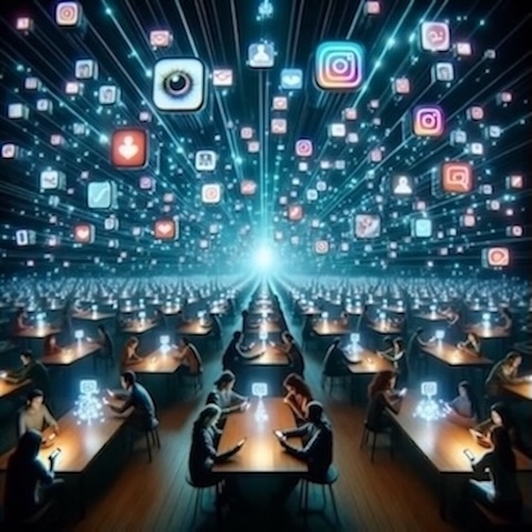 How Social Norms Shape Consumer Behavior? - Unveiling the Influence of Marketing: The Role of Social Media in Reinforcing Consumer Norms - A digital landscape where people scroll through their phones, surrounded by floating icons of influencers, ads, and viral trends. The scene visually represents how social media reinforces consumer norms, with individuals unknowingly shaped by algorithm-driven content. The glowing screens dominate the environment, illustrating the pervasive influence of digital marketing.