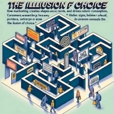 How Social Norms Shape Consumer Behavior? - Unveiling the Influence of Marketing: The Illusion of Choice: How Marketing Creates Trends, Shapes Social Norms, and Drives Superficial Consumption - A maze-like shopping mall where every path leads to the same product, despite appearing to offer variety. Consumers wander through, believing they have choices, while hidden signs reveal the illusion of choice. The scene is designed to feel both familiar and unsettling, emphasizing the controlled nature of consumer decisions.