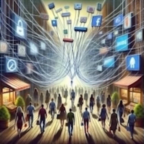 How Social Norms Shape Consumer Behavior? - Unveiling the Influence of Marketing: An image illustrating overwhelmed people by massive marketing advertisements including social media heavy marketing that generate new consumption by trends and change other social norms, shifting people to a new consumption superficially.