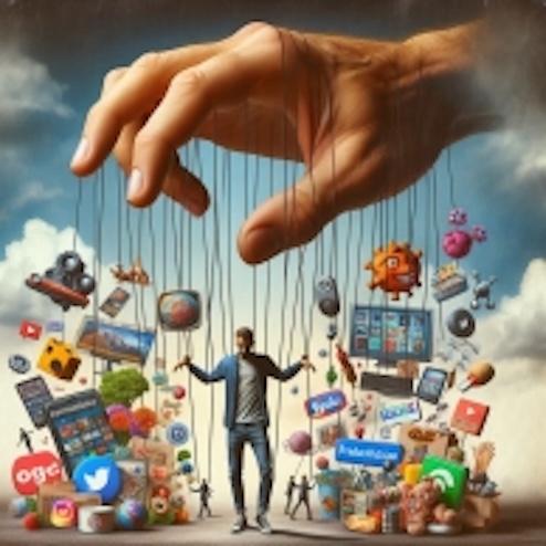 How Social Norms Shape Consumer Behavior? - Unveiling the Influence of Marketing: In What Ways Does Marketing Manipulate Consumer Behavior? - A surreal image of a giant hand holding a puppet-like consumer, with strings attached to various advertisements, social media posts, and product placements. The consumer appears unaware, their movements dictated by unseen forces. The background features glowing screens and billboards, reinforcing the idea of subconscious manipulation.