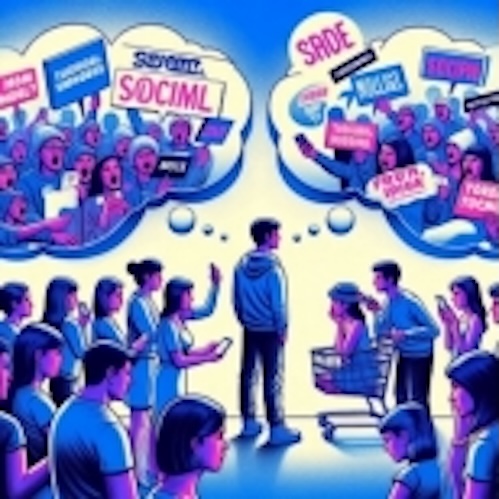 How Social Norms Shape Consumer Behavior? - Unveiling the Influence of Marketing: Illustrating critical look at consumer behavior and marketing - a split-screen composition: on one side, a crowd eagerly purchasing a trending product, their faces filled with excitement; on the other, a lone individual hesitating, surrounded by thought bubbles filled with marketing slogans and social pressures. The contrast highlights the tension between conformity and independent thought, questioning the true origins of consumer beliefs.