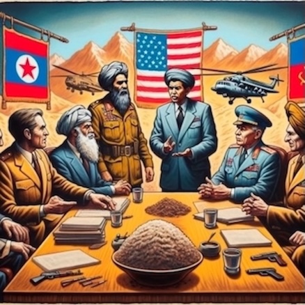 Sudan and U.S. Policy: A Terrorism Connection: The Afghani rebel coordinating Afghani actions with American support in 1989. An image resembling the talks to take down the government and oust the Soviet out of Kabul. The muslim brothers government of Omar al-Bashir arranged the connection.